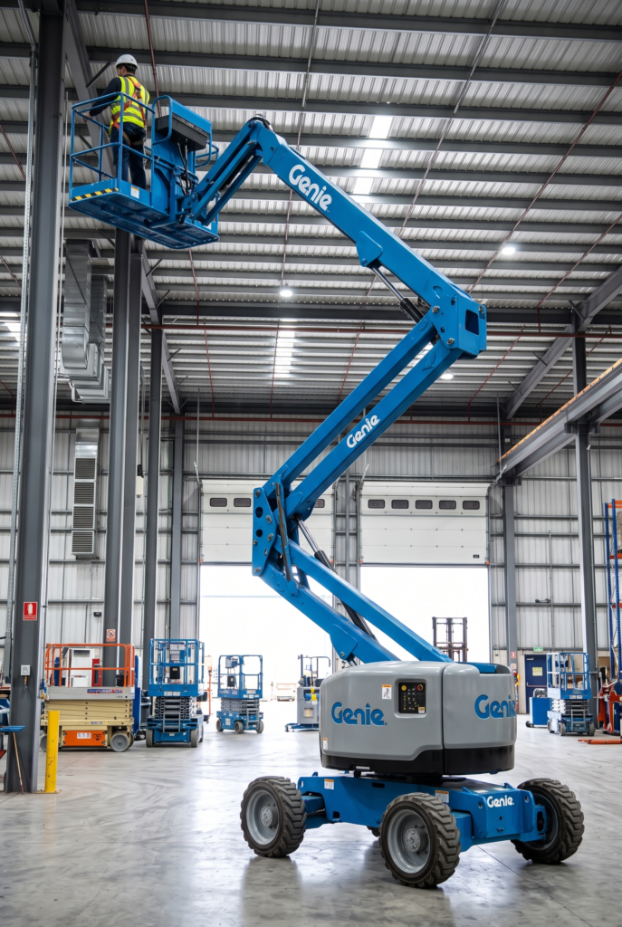 Plataforma articulada Genie de brazo con gran alcance para trabajos en altura en exteriores.